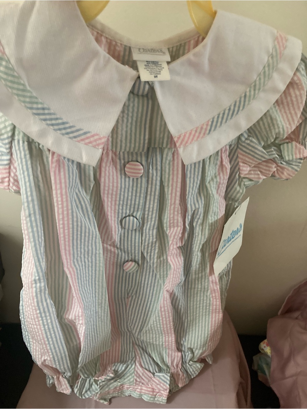 3T girls Toddlers Pastel Striped Bubble Romper with White Peter Pan Collar